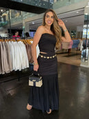 Conjunto Saia Longa Detalhe Plissado com Cropped